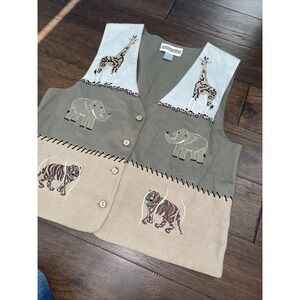 Vtg Safari Animal Zip Up Lightweight Button Up Vest‎ Dress Barn Sz Large